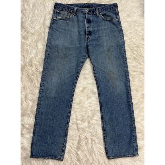 Levis 501 Men Light Med Wash Blue Denim Grunge Work Pant Regular Fit Jean 34x30 - Picture 1 of 16